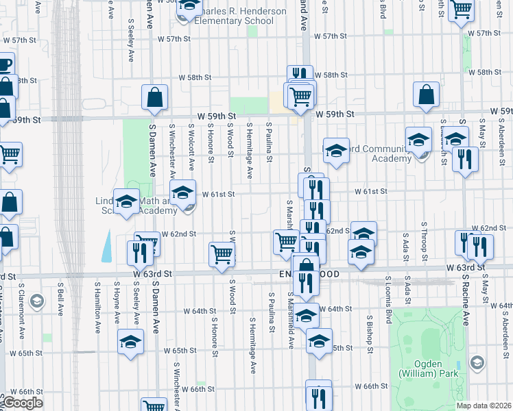 map of restaurants, bars, coffee shops, grocery stores, and more near 6121 South Hermitage Avenue in Chicago