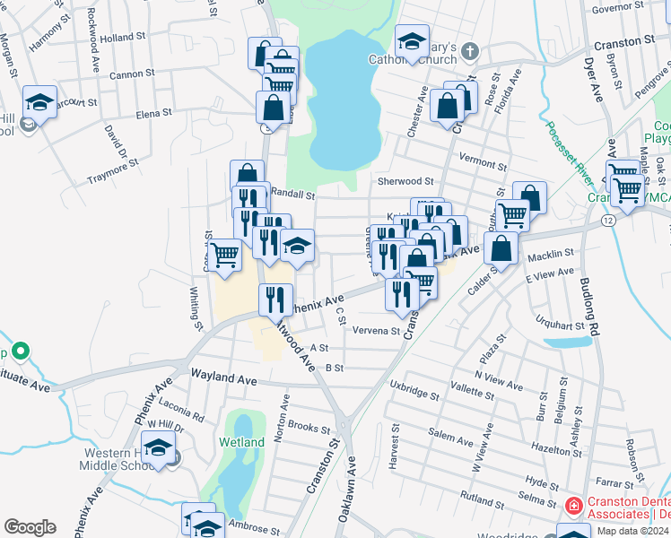 map of restaurants, bars, coffee shops, grocery stores, and more near 35 Belcrest Road in Cranston