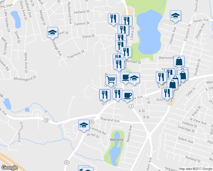 map of restaurants, bars, coffee shops, grocery stores, and more near 142 Cornell Street in Cranston