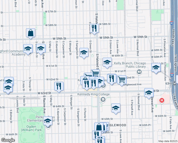 map of restaurants, bars, coffee shops, grocery stores, and more near 6126 S Green St in Chicago
