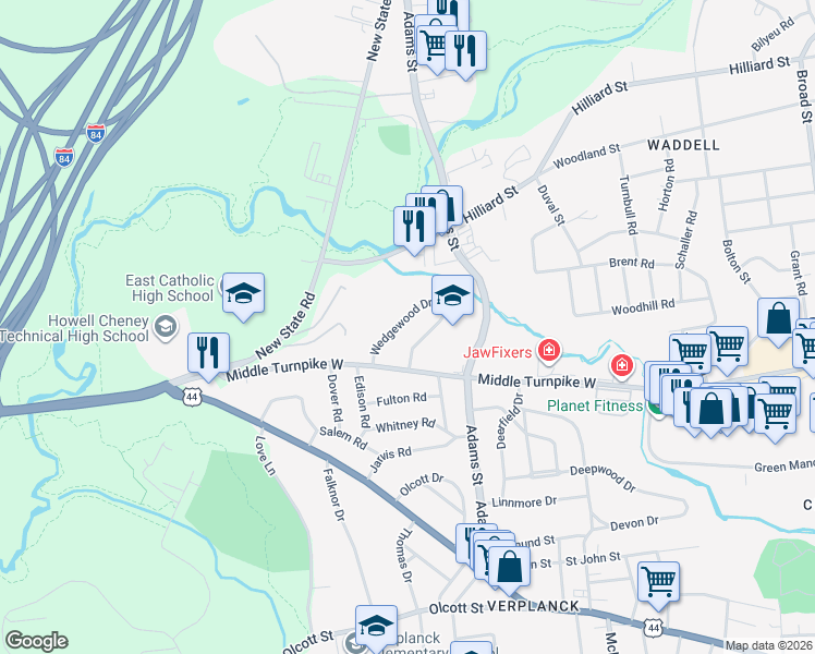 map of restaurants, bars, coffee shops, grocery stores, and more near 45 Wedgewood Drive in Manchester