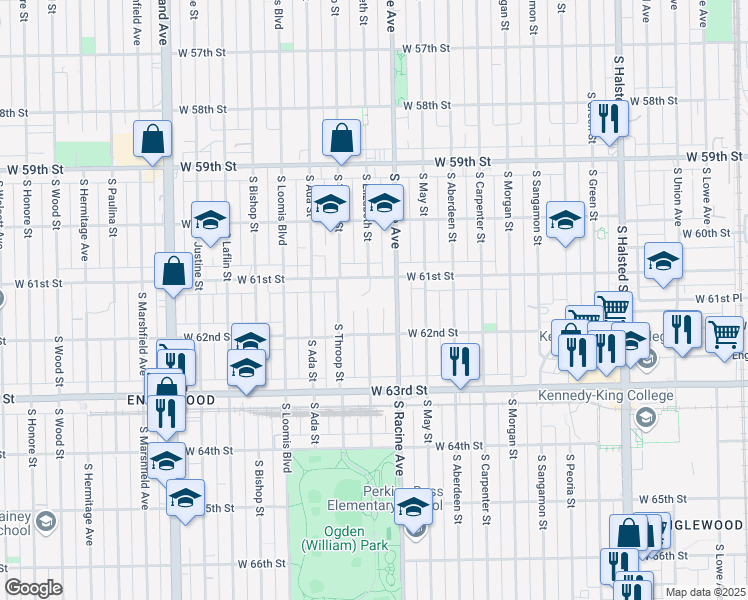 map of restaurants, bars, coffee shops, grocery stores, and more near 6119 South Elizabeth Street in Chicago