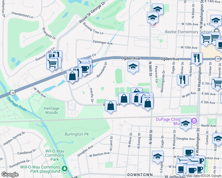 map of restaurants, bars, coffee shops, grocery stores, and more near 863 Windscape Circle North in Naperville