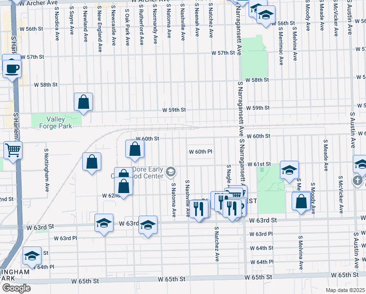 map of restaurants, bars, coffee shops, grocery stores, and more near 6554 West 60th Place in Chicago