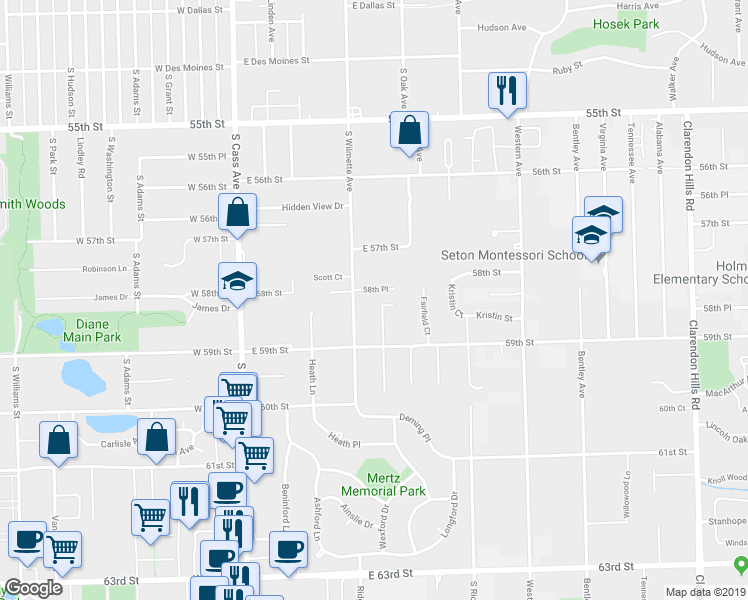 map of restaurants, bars, coffee shops, grocery stores, and more near 712 Megan Court in Westmont
