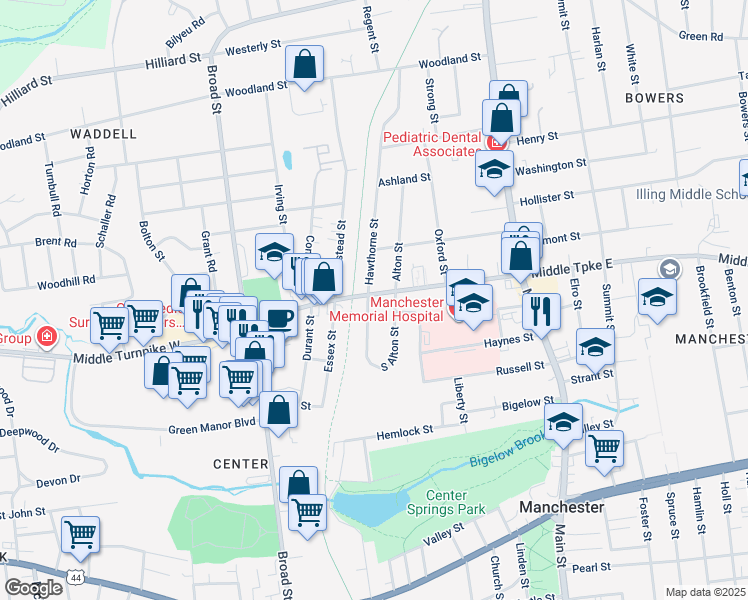 map of restaurants, bars, coffee shops, grocery stores, and more near 140 Middle Turnpike West in Manchester