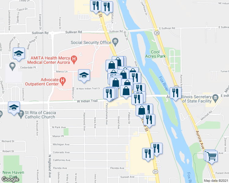 map of restaurants, bars, coffee shops, grocery stores, and more near 1250 North Lake Street in Aurora