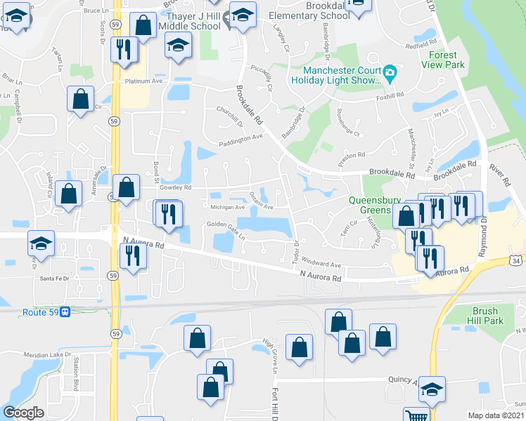 map of restaurants, bars, coffee shops, grocery stores, and more near 1720 Ontario Avenue in Naperville