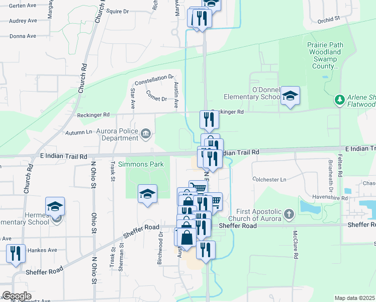map of restaurants, bars, coffee shops, grocery stores, and more near 1314 East Indian Trail Road in Aurora