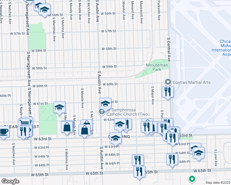 map of restaurants, bars, coffee shops, grocery stores, and more near 6026 South Mayfield Avenue in Chicago