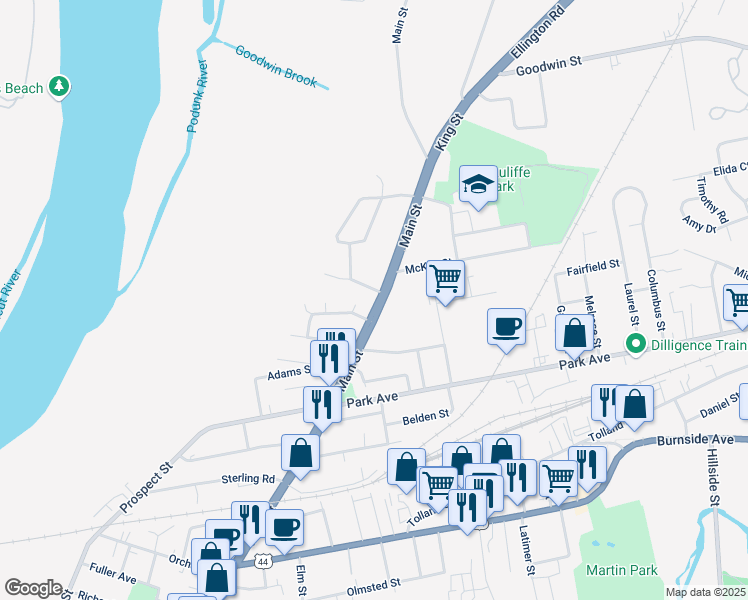 map of restaurants, bars, coffee shops, grocery stores, and more near 1639 Main Street in East Hartford