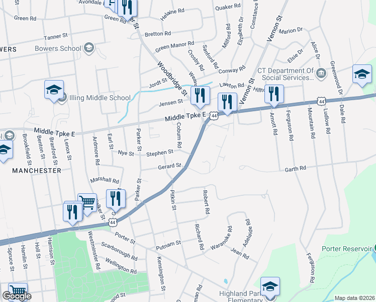 map of restaurants, bars, coffee shops, grocery stores, and more near in Manchester