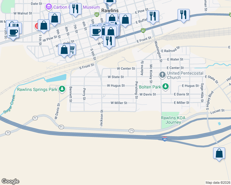 map of restaurants, bars, coffee shops, grocery stores, and more near 523 West Davis Street in Rawlins