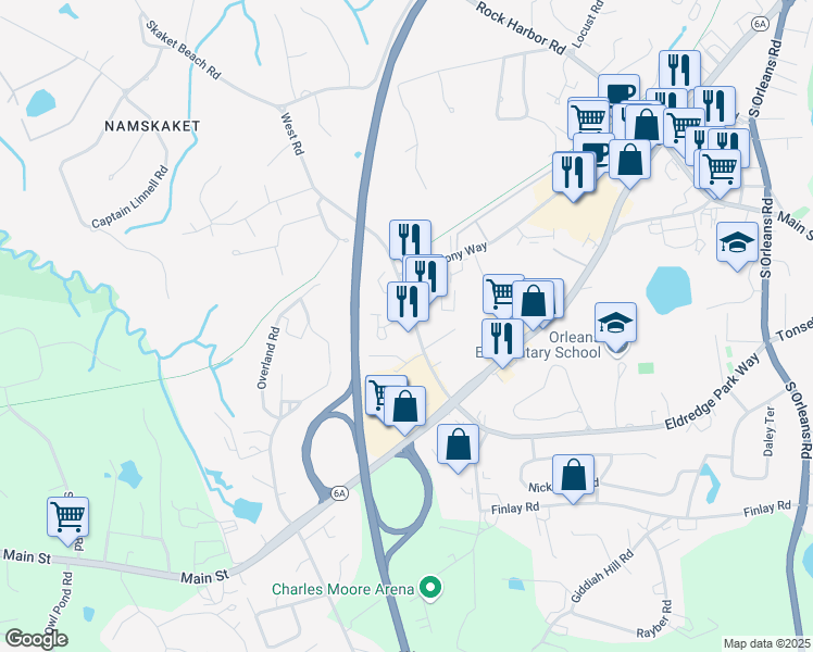 map of restaurants, bars, coffee shops, grocery stores, and more near 29 West Road in Orleans