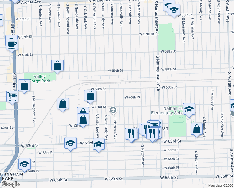 map of restaurants, bars, coffee shops, grocery stores, and more near 6017 South Natoma Avenue in Chicago