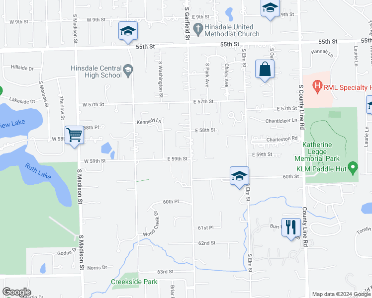 map of restaurants, bars, coffee shops, grocery stores, and more near 5846 South Garfield Street in Hinsdale