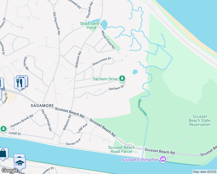 map of restaurants, bars, coffee shops, grocery stores, and more near 33 Sachem Drive in Bourne