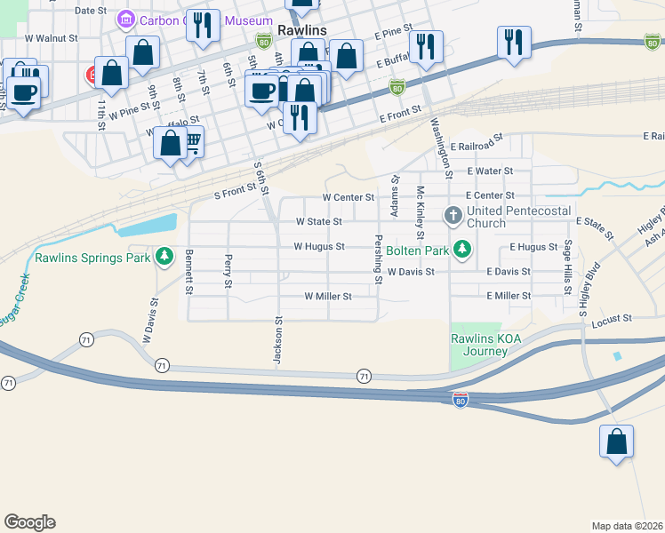 map of restaurants, bars, coffee shops, grocery stores, and more near 401-499 West Davis Street in Rawlins
