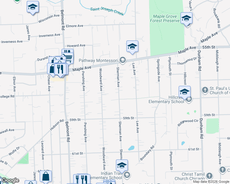 map of restaurants, bars, coffee shops, grocery stores, and more near 5730 Sherman Avenue in Downers Grove