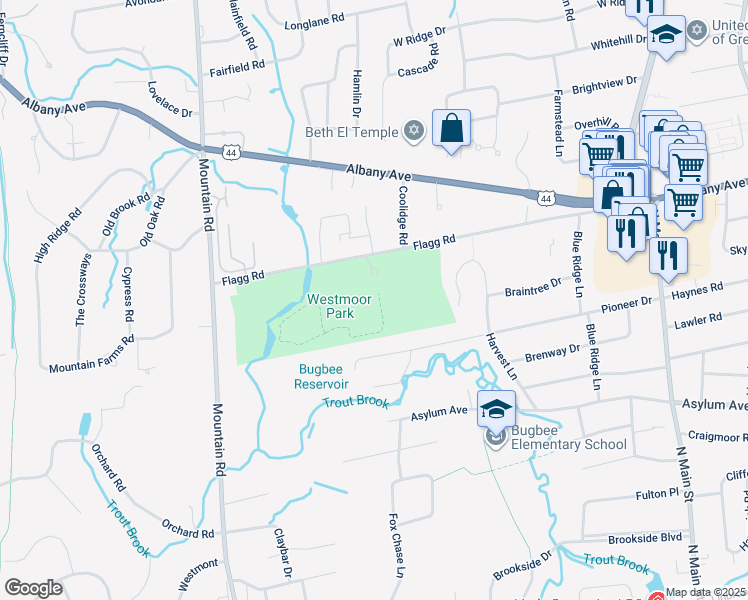 map of restaurants, bars, coffee shops, grocery stores, and more near 119 Flagg Road in West Hartford