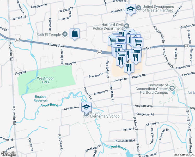 map of restaurants, bars, coffee shops, grocery stores, and more near 17 Braintree Drive in West Hartford