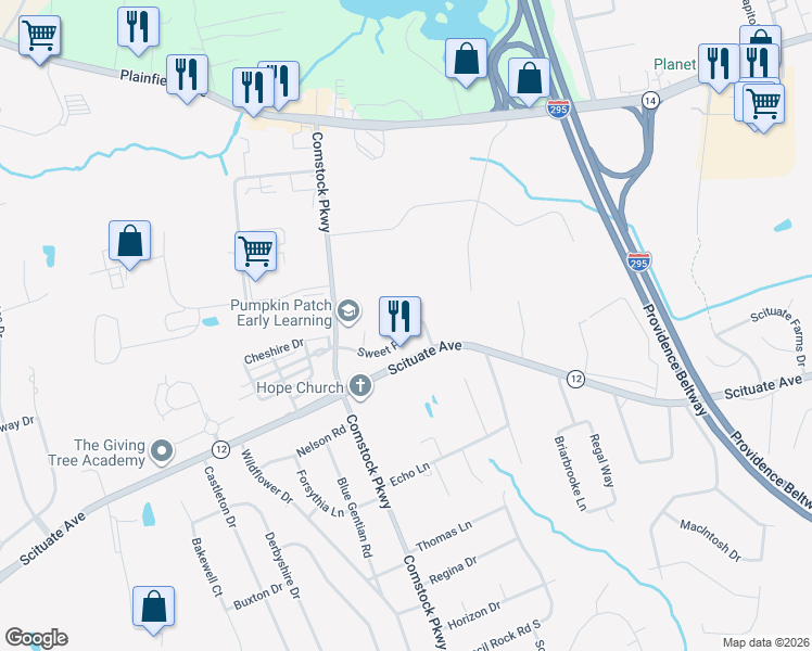 map of restaurants, bars, coffee shops, grocery stores, and more near 20 Sweet Pea Drive in Cranston