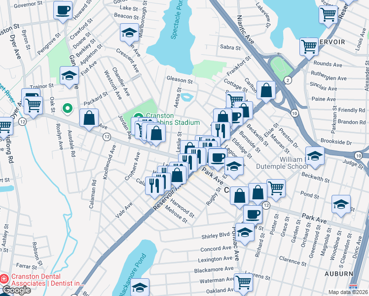 map of restaurants, bars, coffee shops, grocery stores, and more near 25 Pershing St in Cranston