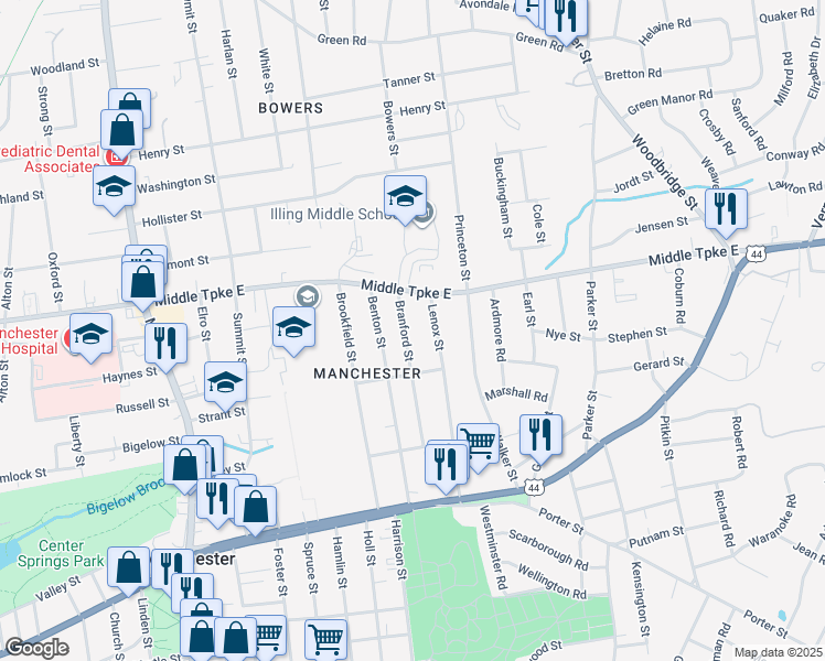map of restaurants, bars, coffee shops, grocery stores, and more near 141 Branford Street in Manchester