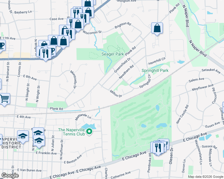 map of restaurants, bars, coffee shops, grocery stores, and more near 590 Milton Drive in Naperville