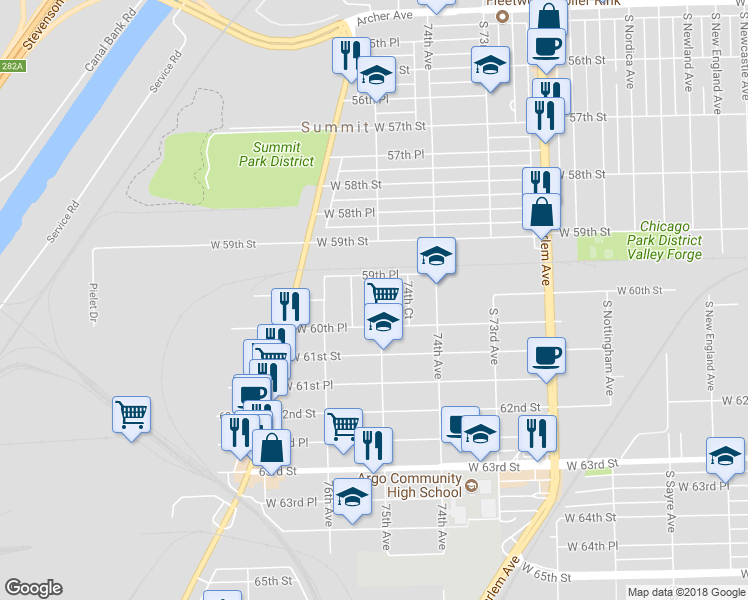 map of restaurants, bars, coffee shops, grocery stores, and more near 6058 75th Avenue in Summit