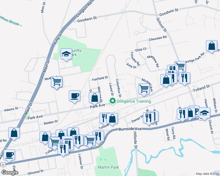 map of restaurants, bars, coffee shops, grocery stores, and more near 41 Laurel Street in East Hartford