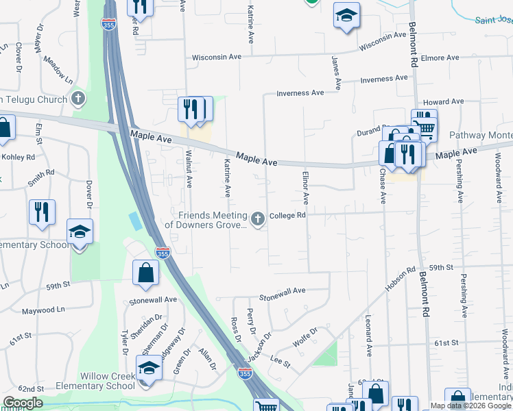map of restaurants, bars, coffee shops, grocery stores, and more near 5630 Lomond Avenue in Downers Grove