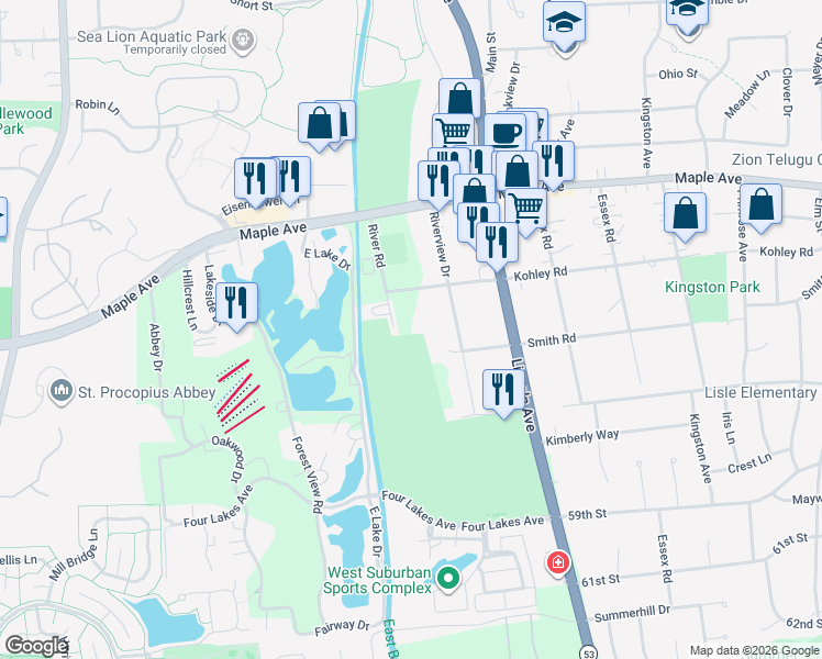 map of restaurants, bars, coffee shops, grocery stores, and more near 5609 River Road in Lisle