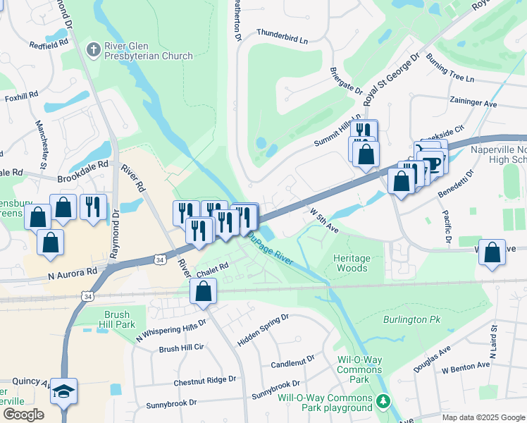 map of restaurants, bars, coffee shops, grocery stores, and more near 719 Prescott Court in Naperville