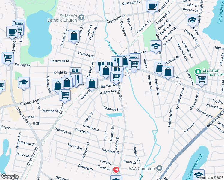 map of restaurants, bars, coffee shops, grocery stores, and more near 25 East View Avenue in Cranston