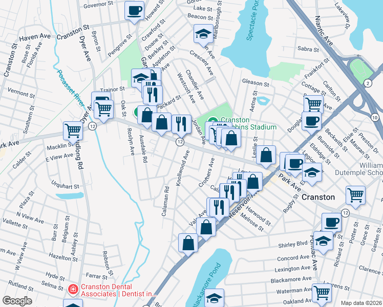 map of restaurants, bars, coffee shops, grocery stores, and more near 17 Egan Road in Cranston