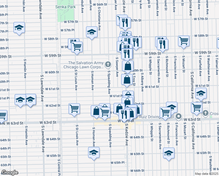 map of restaurants, bars, coffee shops, grocery stores, and more near 6100 South Spaulding Avenue in Chicago