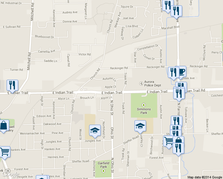 map of restaurants, bars, coffee shops, grocery stores, and more near 1001 Apple Court in Aurora