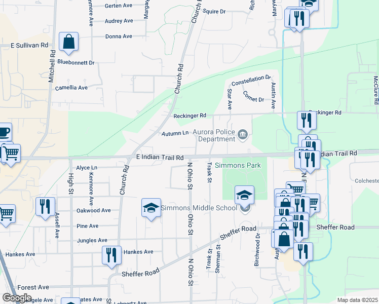 map of restaurants, bars, coffee shops, grocery stores, and more near 1001 Apple Court in Aurora