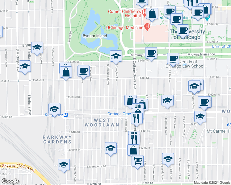 map of restaurants, bars, coffee shops, grocery stores, and more near 6148 South Langley Avenue in Chicago