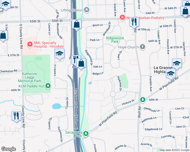 map of restaurants, bars, coffee shops, grocery stores, and more near 1117 Ridge Lane in Western Springs