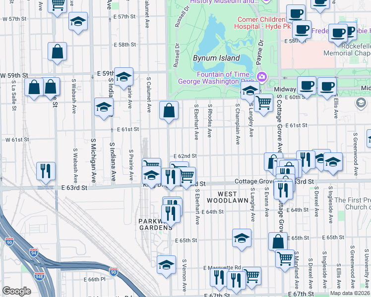 map of restaurants, bars, coffee shops, grocery stores, and more near 6147 South Vernon Avenue in Chicago