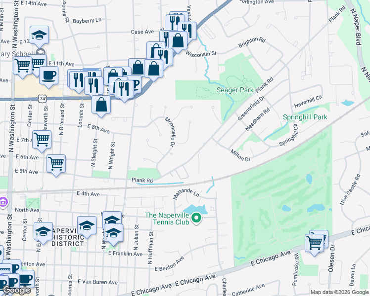 map of restaurants, bars, coffee shops, grocery stores, and more near 808 Lyndhurst Court in Naperville