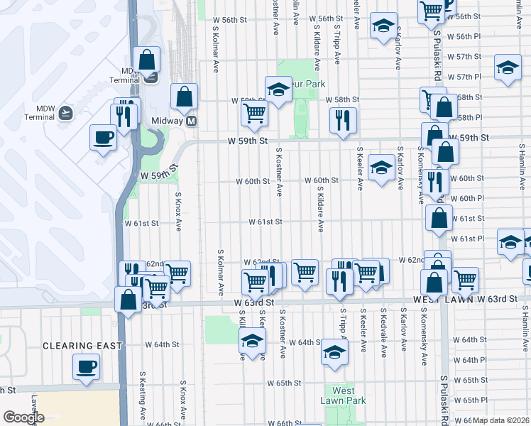 map of restaurants, bars, coffee shops, grocery stores, and more near 6049 South Kenneth Avenue in Chicago