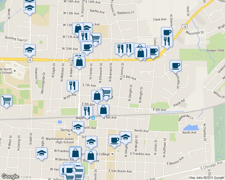 map of restaurants, bars, coffee shops, grocery stores, and more near 624 North Brainard Street in Naperville