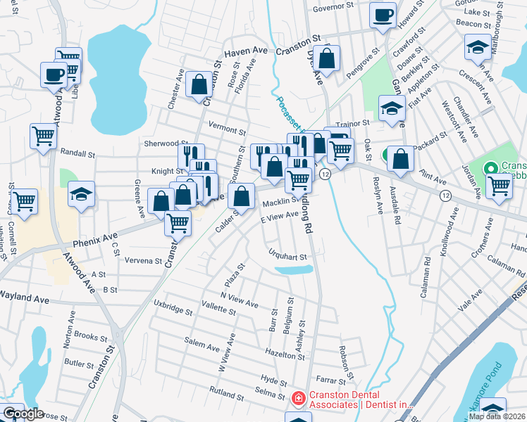 map of restaurants, bars, coffee shops, grocery stores, and more near 32 Palmer Avenue in Cranston
