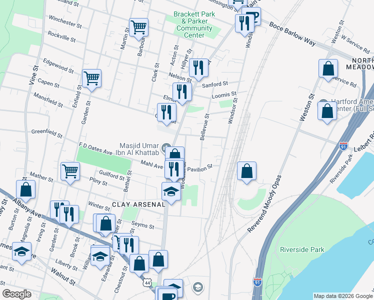 map of restaurants, bars, coffee shops, grocery stores, and more near 151 Wooster Street in Hartford