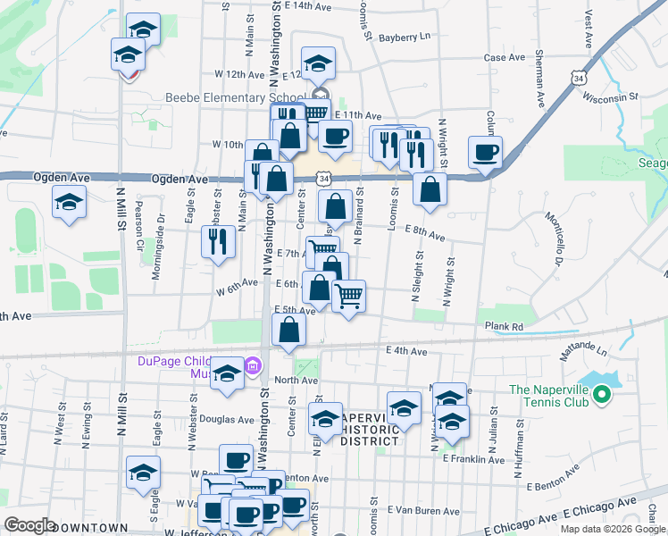 map of restaurants, bars, coffee shops, grocery stores, and more near 624 North Ellsworth Street in Naperville