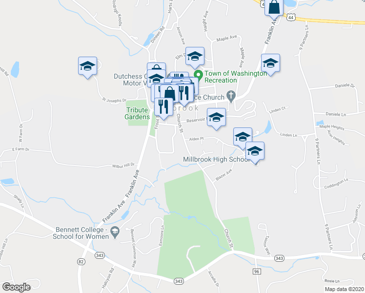 map of restaurants, bars, coffee shops, grocery stores, and more near 109-111 Church St in Millbrook