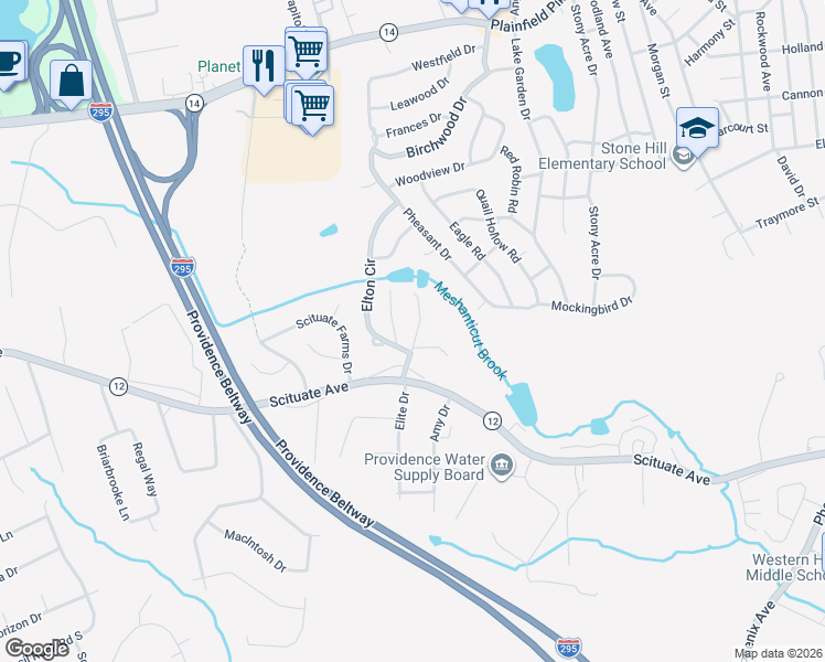 map of restaurants, bars, coffee shops, grocery stores, and more near 40 Arrow Way in Cranston